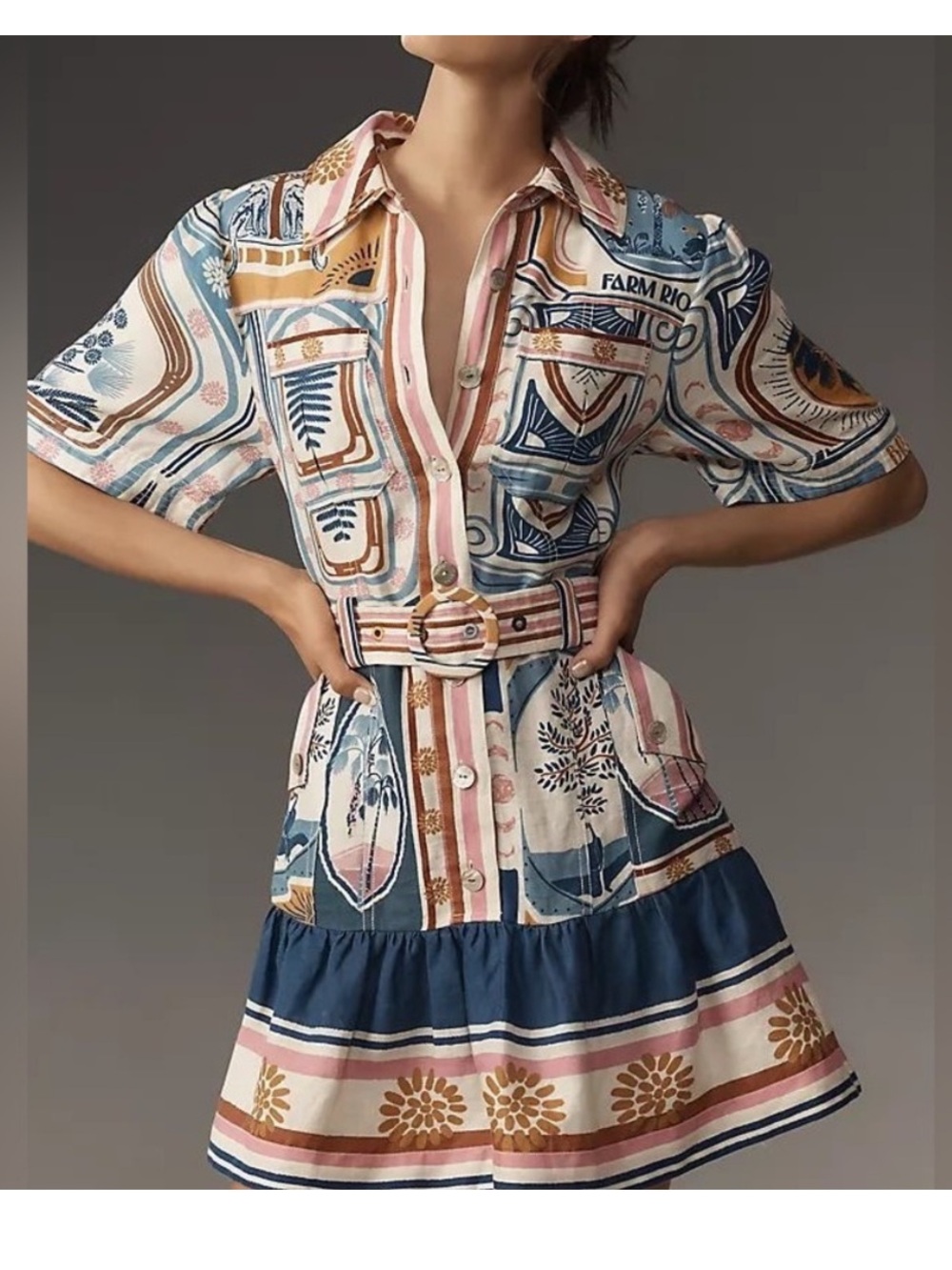 FARM Rio Multicolor Printed Belted Shirt Mini Dress - Blue, Pink, White, Gold - Picture 2 of 15